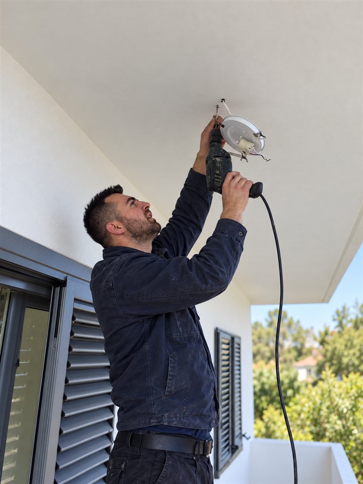 Business owner in a navy work shirt working on a ceiling light