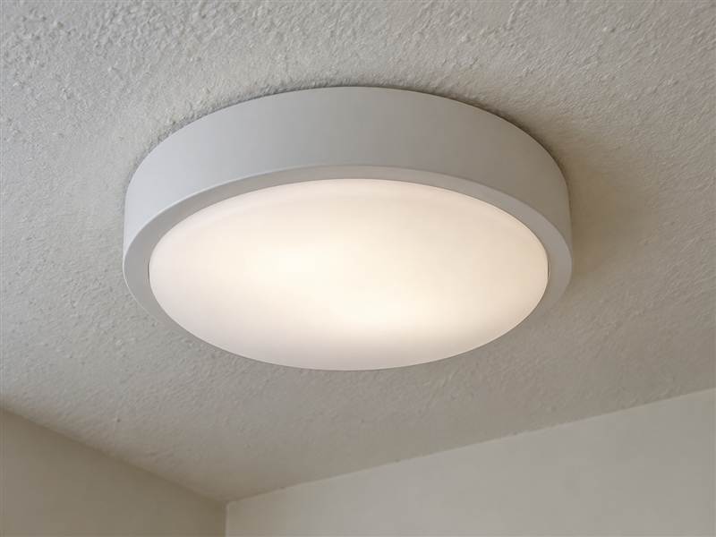 A simple flush ceiling light mounted on a plain ceiling